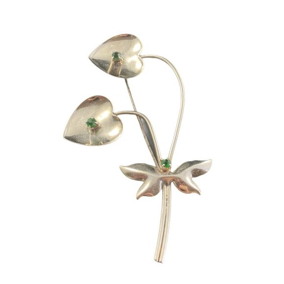 Emerald Flower Brooch, Antique Brass Rhinestone Bridal Pin  Vintage Sterling Two Floral Hearts Brooch Fine Faceted Emerald Tone Glass